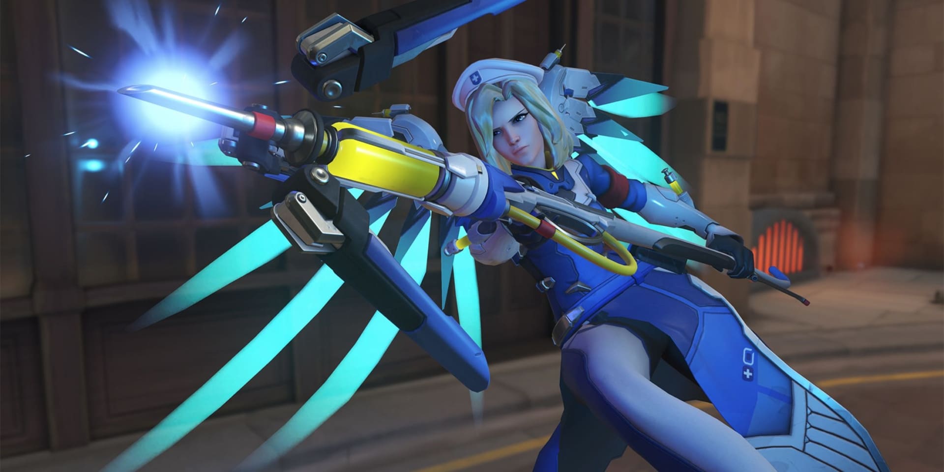 Angela Ziegler in a futuristic medical outfit wields a glowing weapon with vibrant blue accents, poised for action in an urban environment.