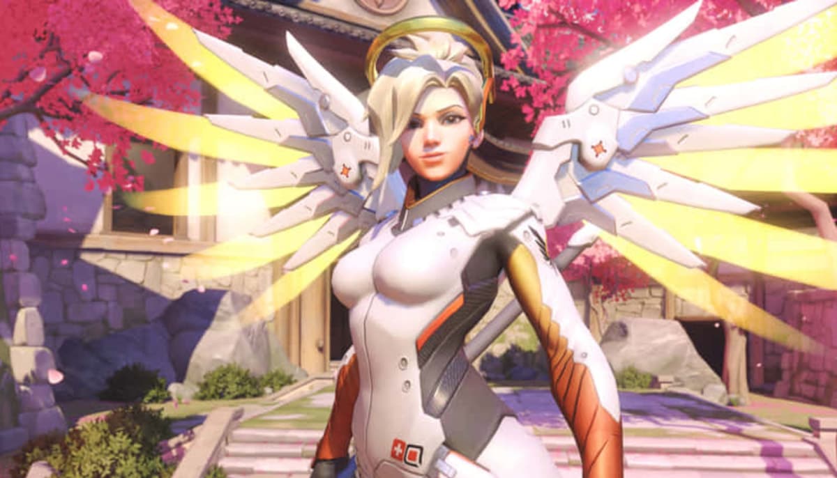 Angela Ziegler from Overwatch 2 in her legendary look, featured in a 2025 guide to the best Mercy skins
