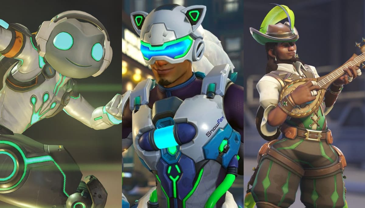 Lucio in three different skins: Ribbit, Snow Fox and Bard