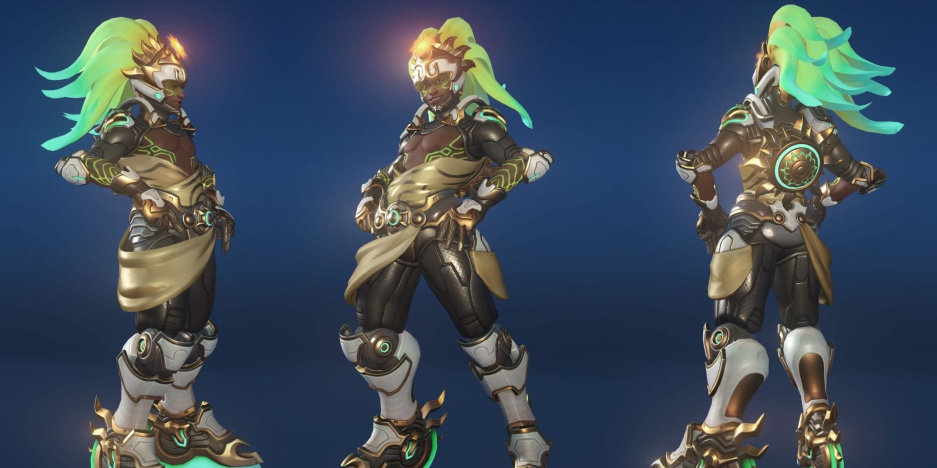 Lucio poses confidently, viewed from three angles. They wear metallic armor, glowing neon accents, and sport vibrant green hair