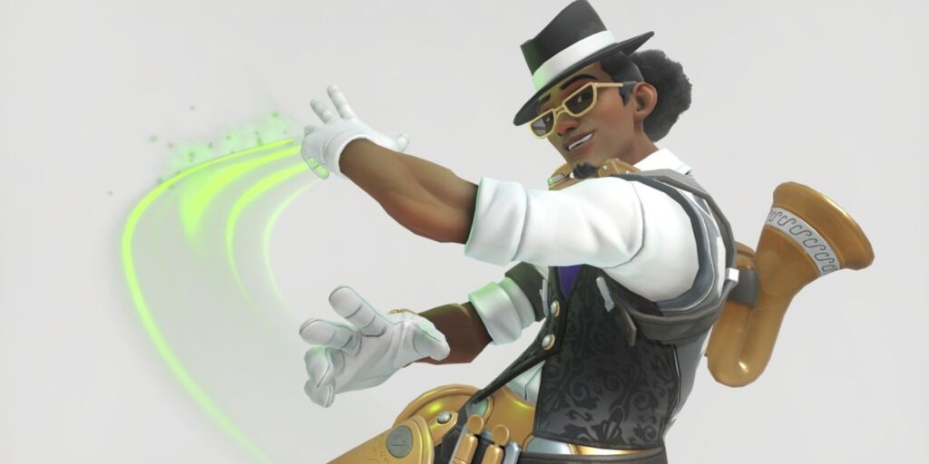 Lucio wearing a black and white outfit with a hat and sunglasses gestures confidently. Green light trails flow from their hands