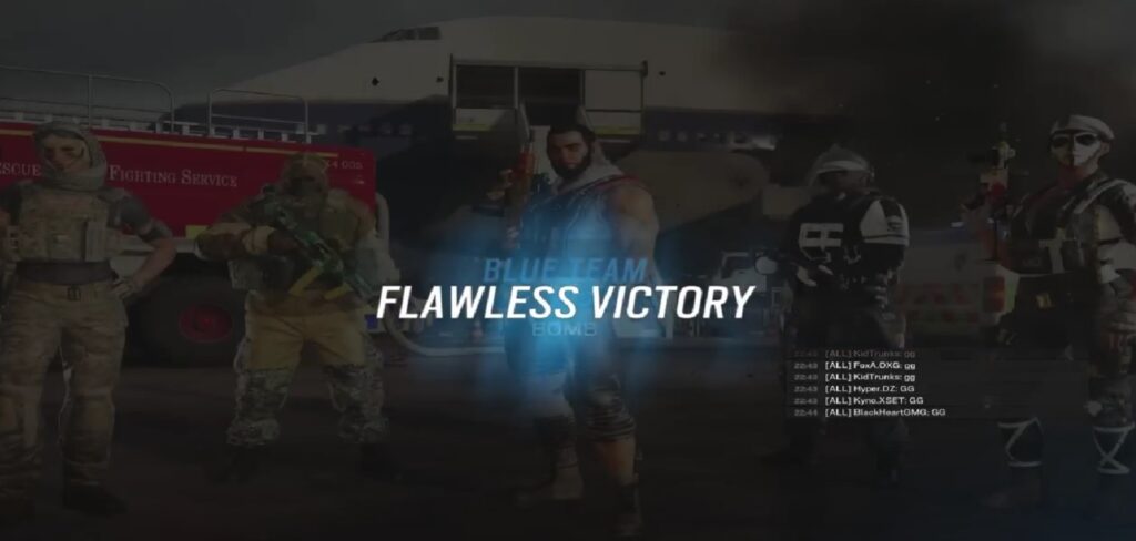 A victorious team of four in tactical gear stands in front of an airplane, with "Blue Team Flawless Victory" text overlayed