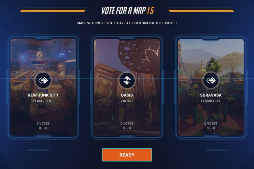 Overwatch 2 map selection screen showing three maps: New Junk City, Oasis, and Suravasa. Each has zero votes. A "Ready" button is below, indicating a choice prompt