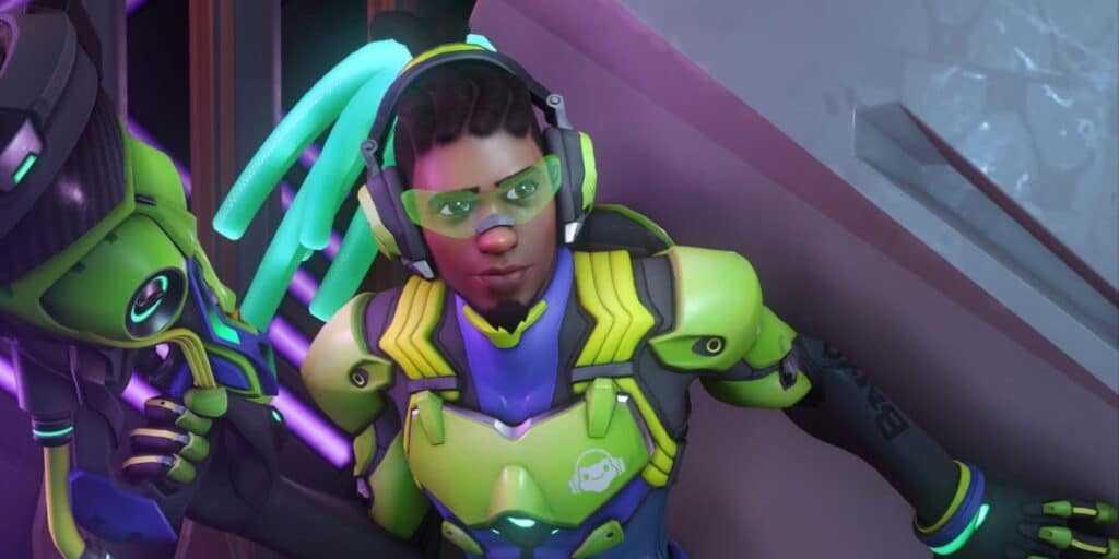 Lucio in a vibrant green and purple suit stands in an illuminated corridor, holding futuristic equipment with glowing accents